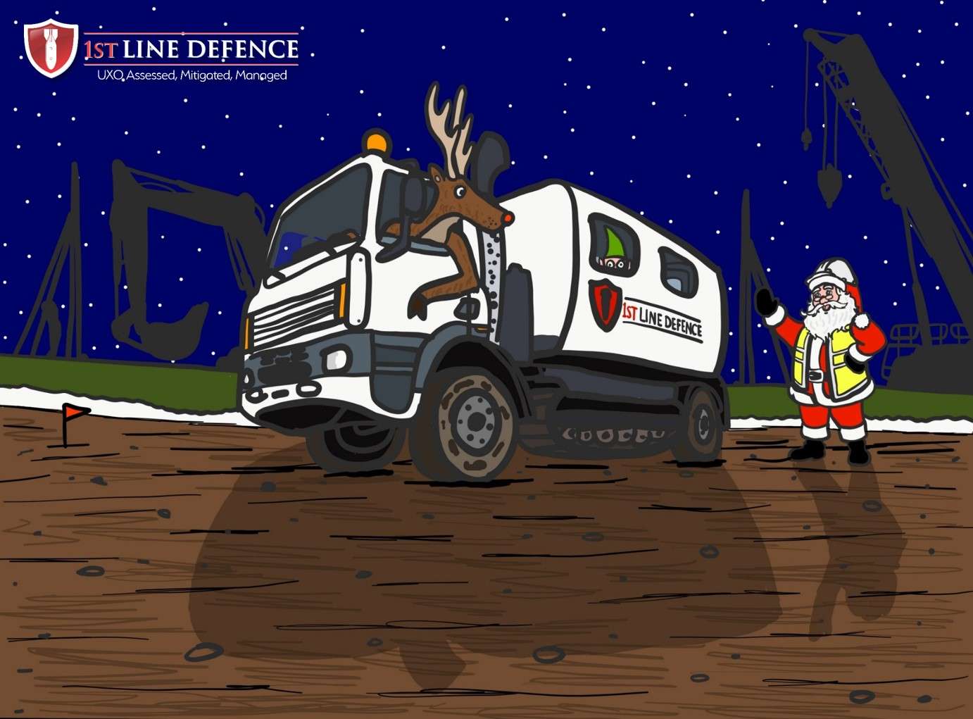 1st Line Defence's Christmas campaign graphic which shows a memeber of the operations team standing next to an Intrusive UXO Survey Rig wearing a Farther Christmas outfit.