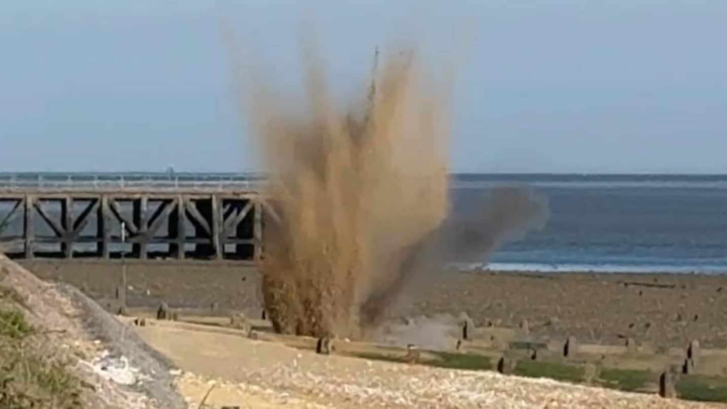 Controlled explosion which took place on the beach at Shoeburyness in Southend. Image source: HM Coastguard Southend on Sea