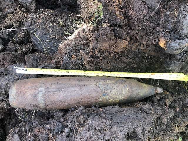 25lb high explosive projectile (450mm including fuse) recovered from Scottish wind farm development by 1st Line Defence.