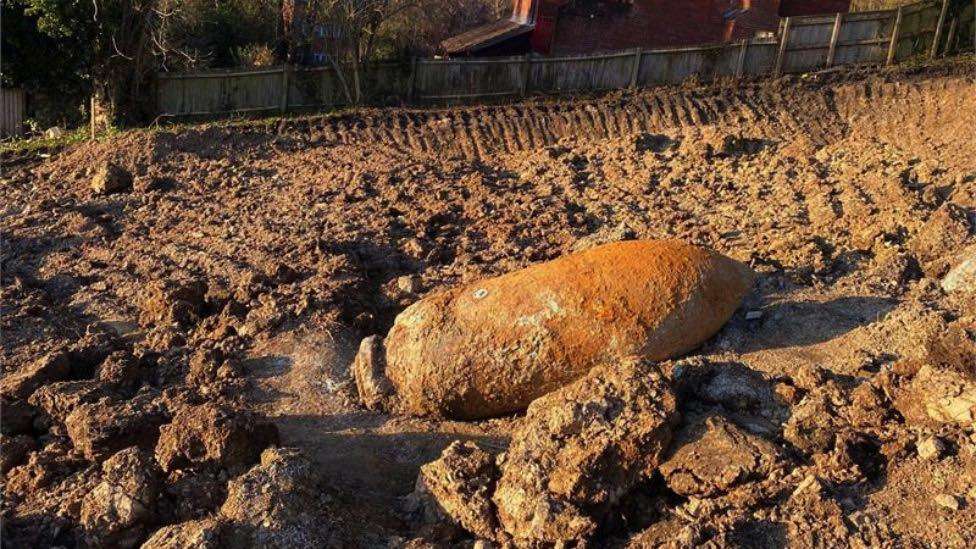 1,000kg German WWII 'Hermann' Bomb discovered by construction workers on a construction project in Exeter. Image source: Ministry of Defence/PA Wire via BBC News.