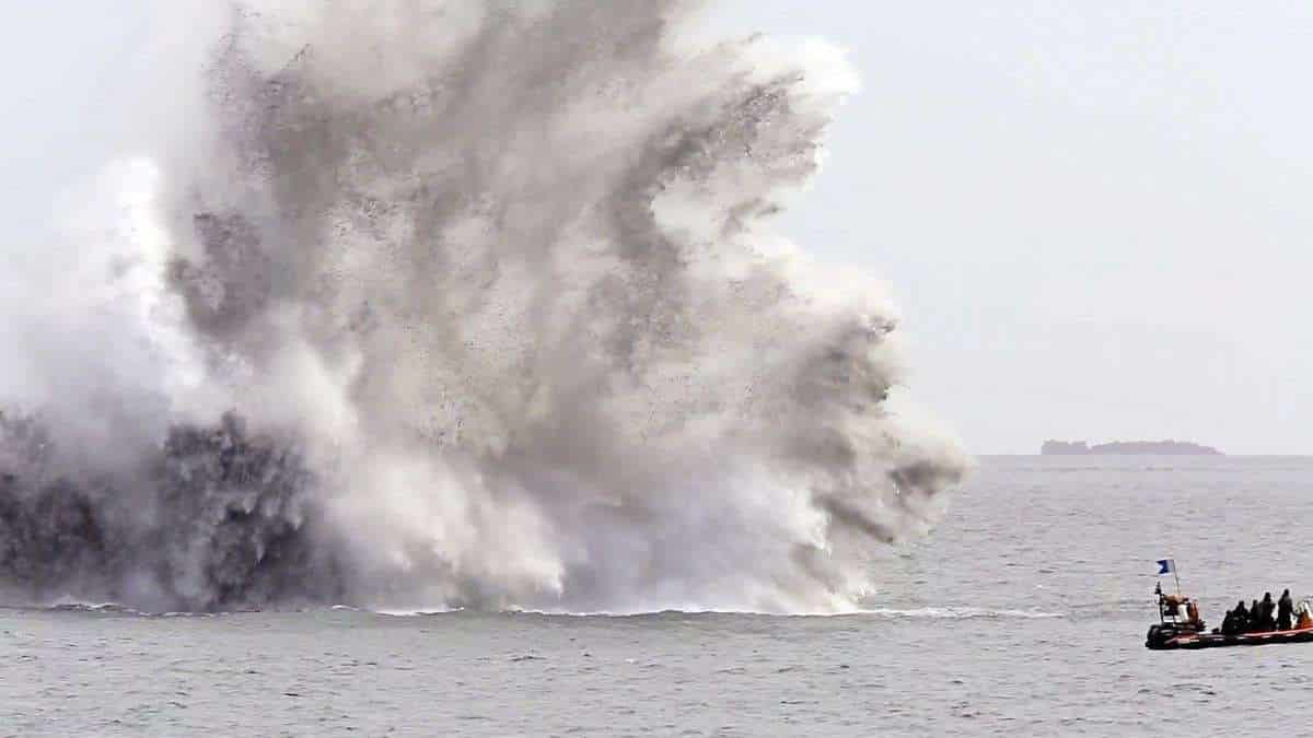 WWII-era Depth Charges being detonated in a controlled explosion off the Guernsey Coast. Image source: Guernsey News