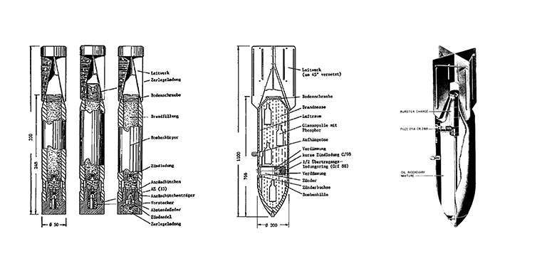 Schematic diagrams of a 1kg, C50 A and C250 A German Incendiary Bomb