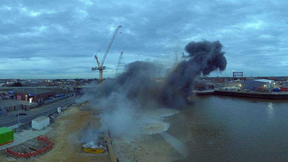 Explosion following a 250kg WWII German unexploded bomb that accidently exploded whilst the Army were trying to defuse it in Great Yarmouth.