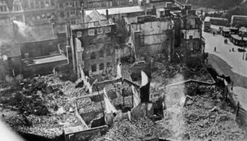 Aerial view of bomb damage inflicted around the Bullring in Birmingham during WWII