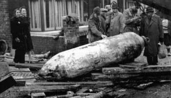 Unexploded high explosive bomb in a Portsmouth Street during WWII