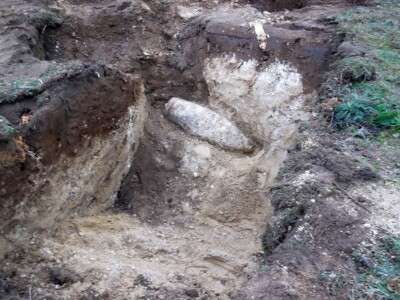 British 500lb high explosive unexploded bomb found during excavation operations at a site in Thetford, Norfolk.