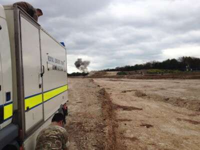 Royal Logistics Corps (RLC) undertaking a controlled demolition of live UXO found by 1st Line Defence at Salisbury Plain in Wiltshire.