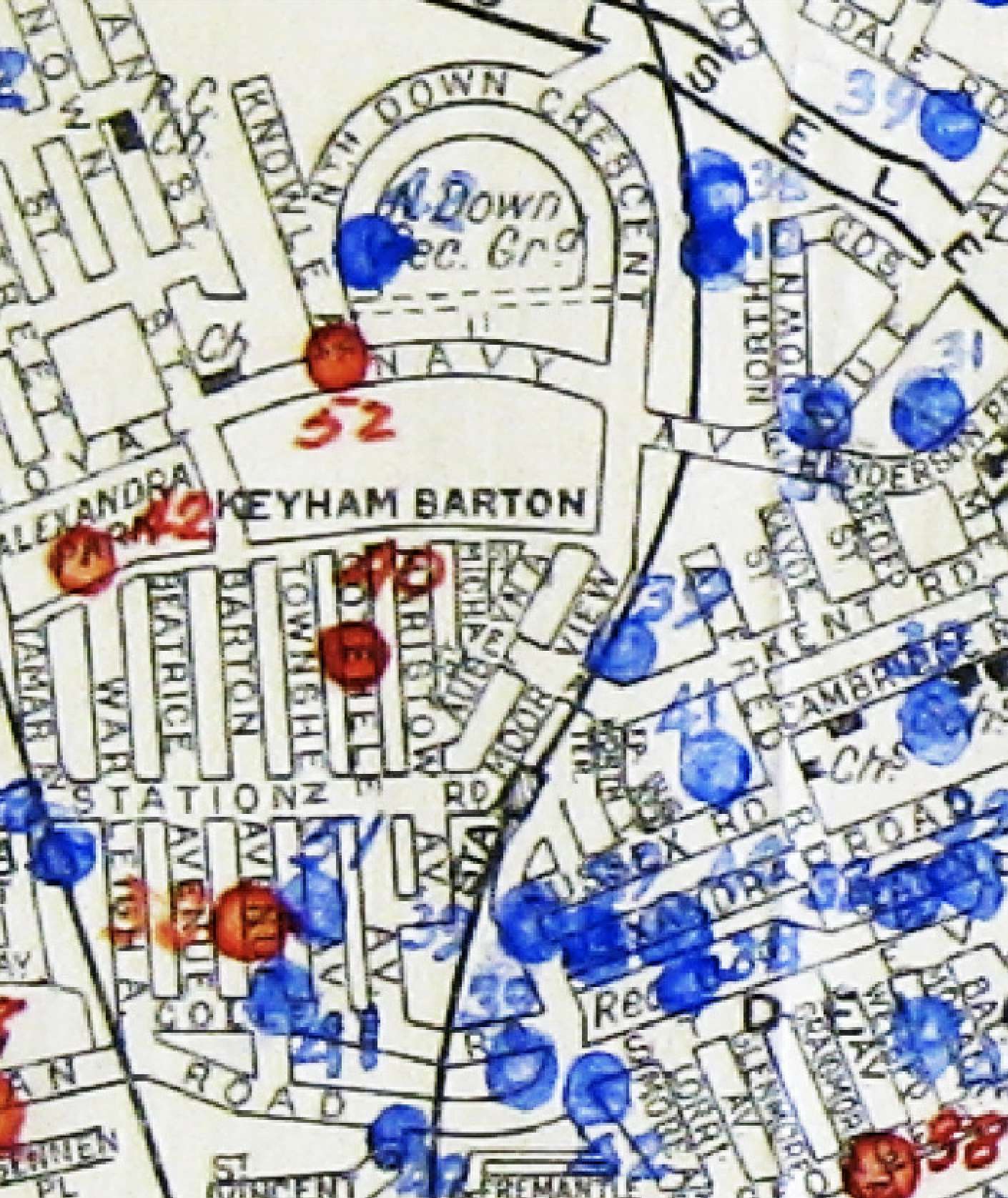 Consolidated bomb strikes map of the Keyham area in Plymouth.