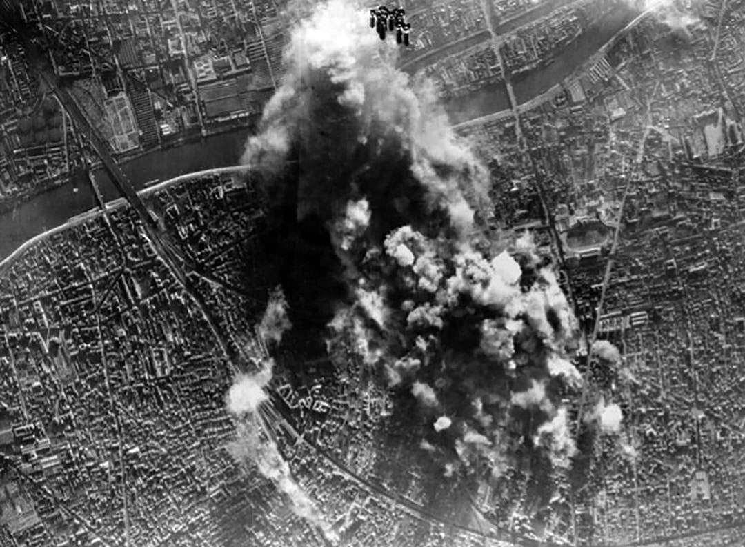 Aerial photograph of bomb damage inflicted on the city of Paris during WWII.