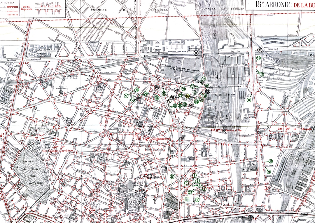 Locations of bomb damage inflicted on Paris established by the management of the technical services of the city’s roads, April 1944.