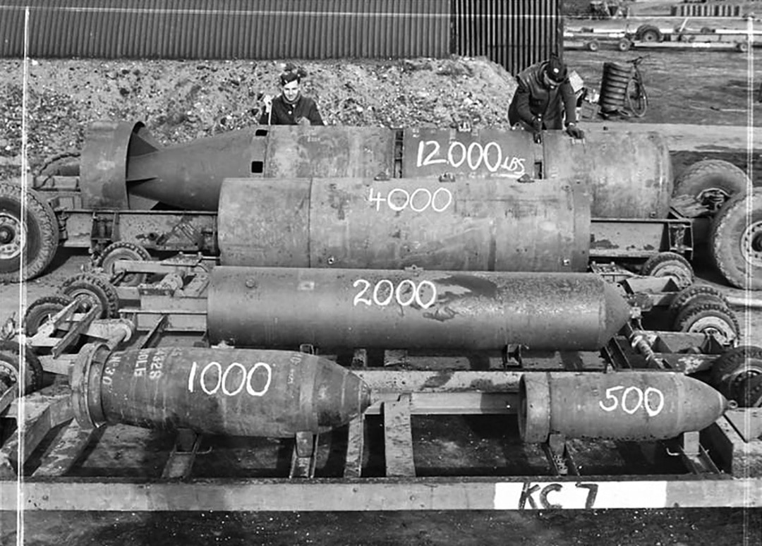 Various British bombs for a comparison in size at the bomb stores at Woodhall Spa, Lincolnshire.