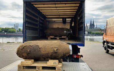 Two of the defused unexploded WWII bombs being prepared for transportation in Cologne.