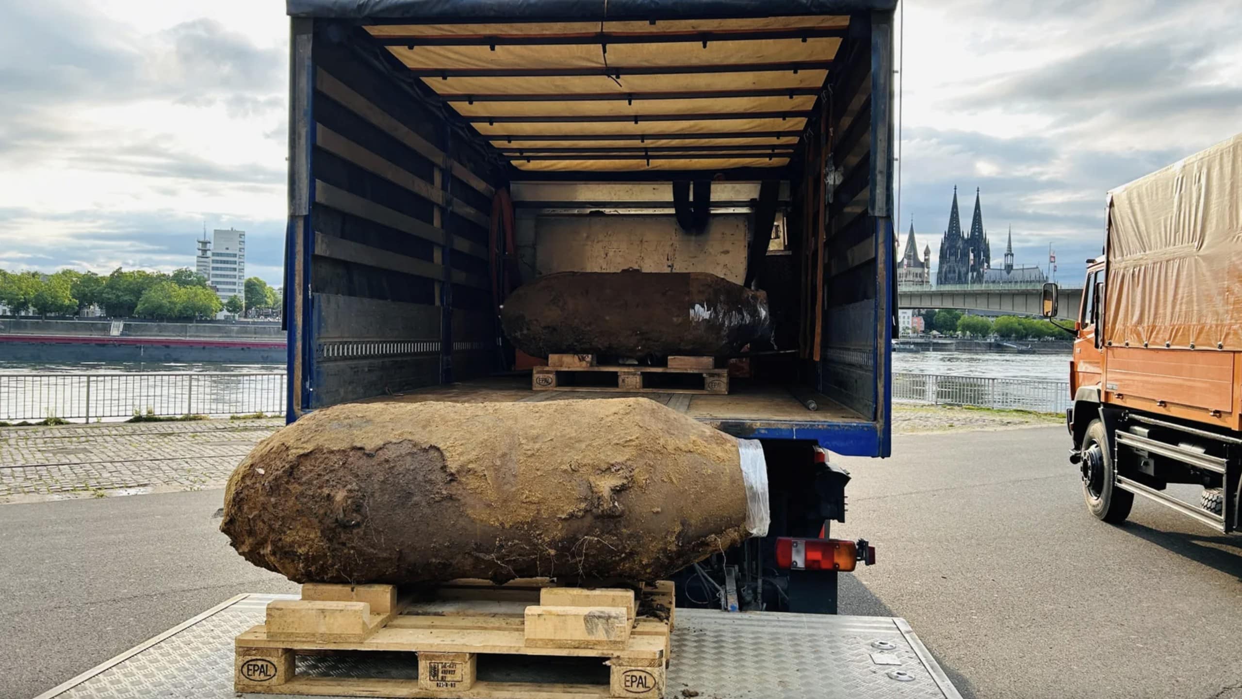 Two of the defused unexploded WWII bombs being prepared for transportation in Cologne.