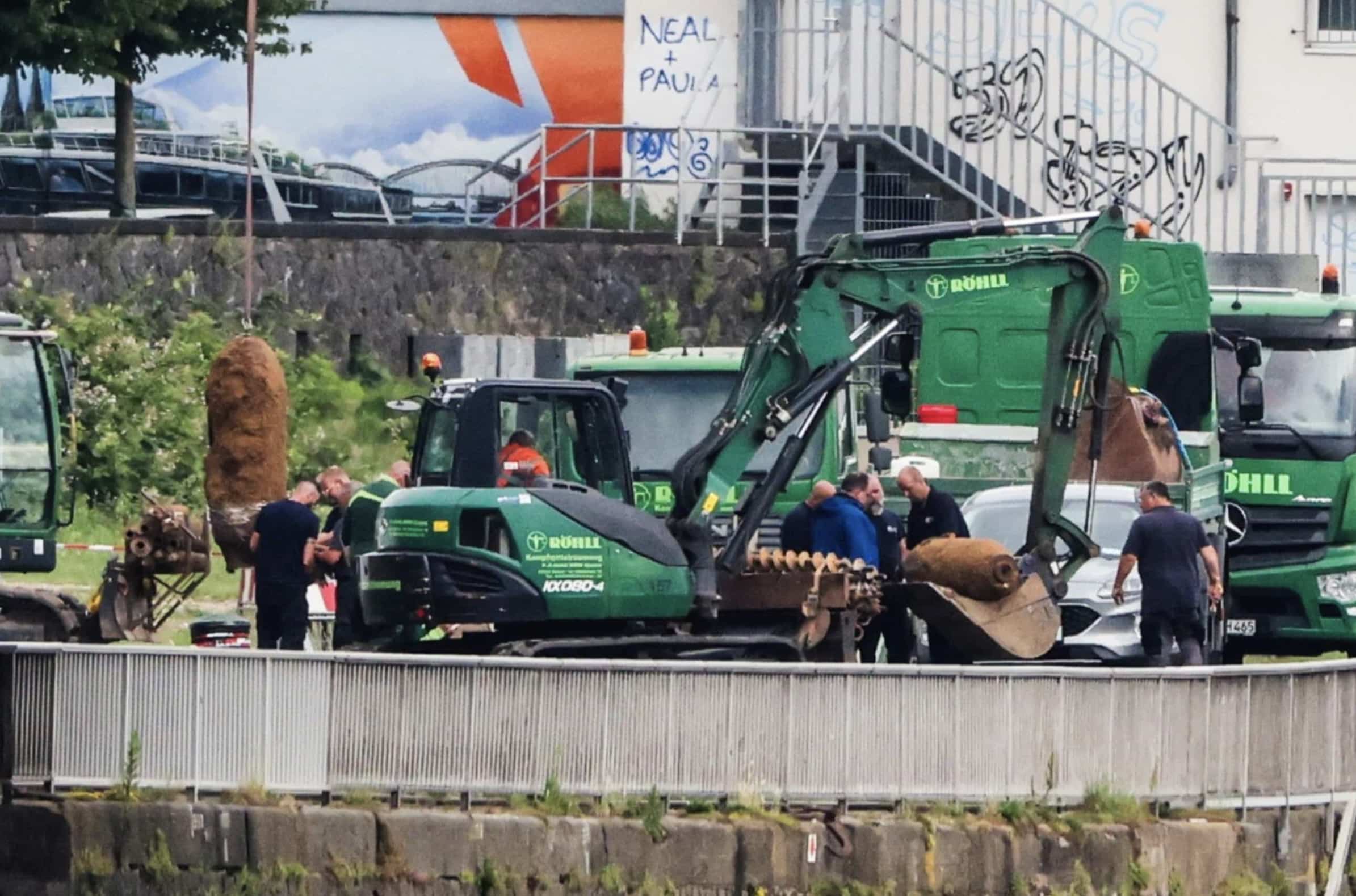 Two of the defused unexploded WWII bombs being prepared for transportation in Cologne.