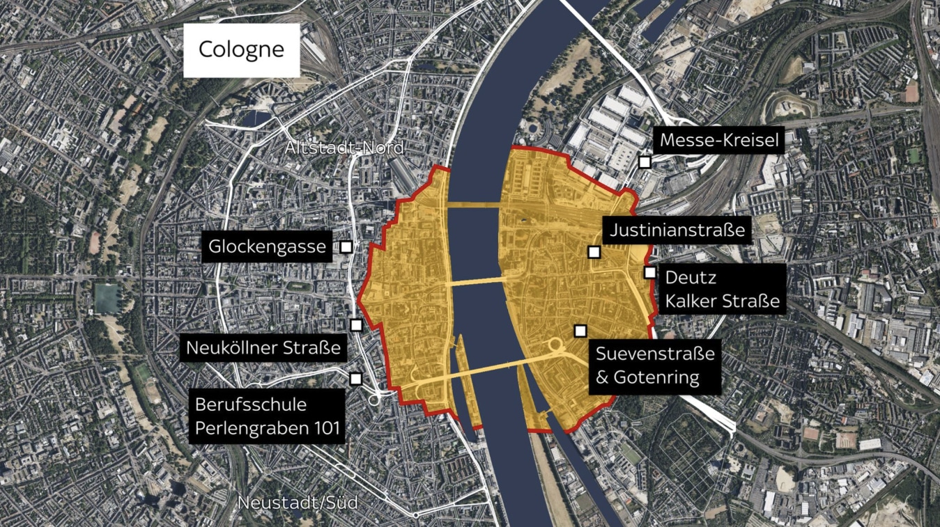 Evacuation zone in the City of Cologne following the discovery of three unexploded bombs.