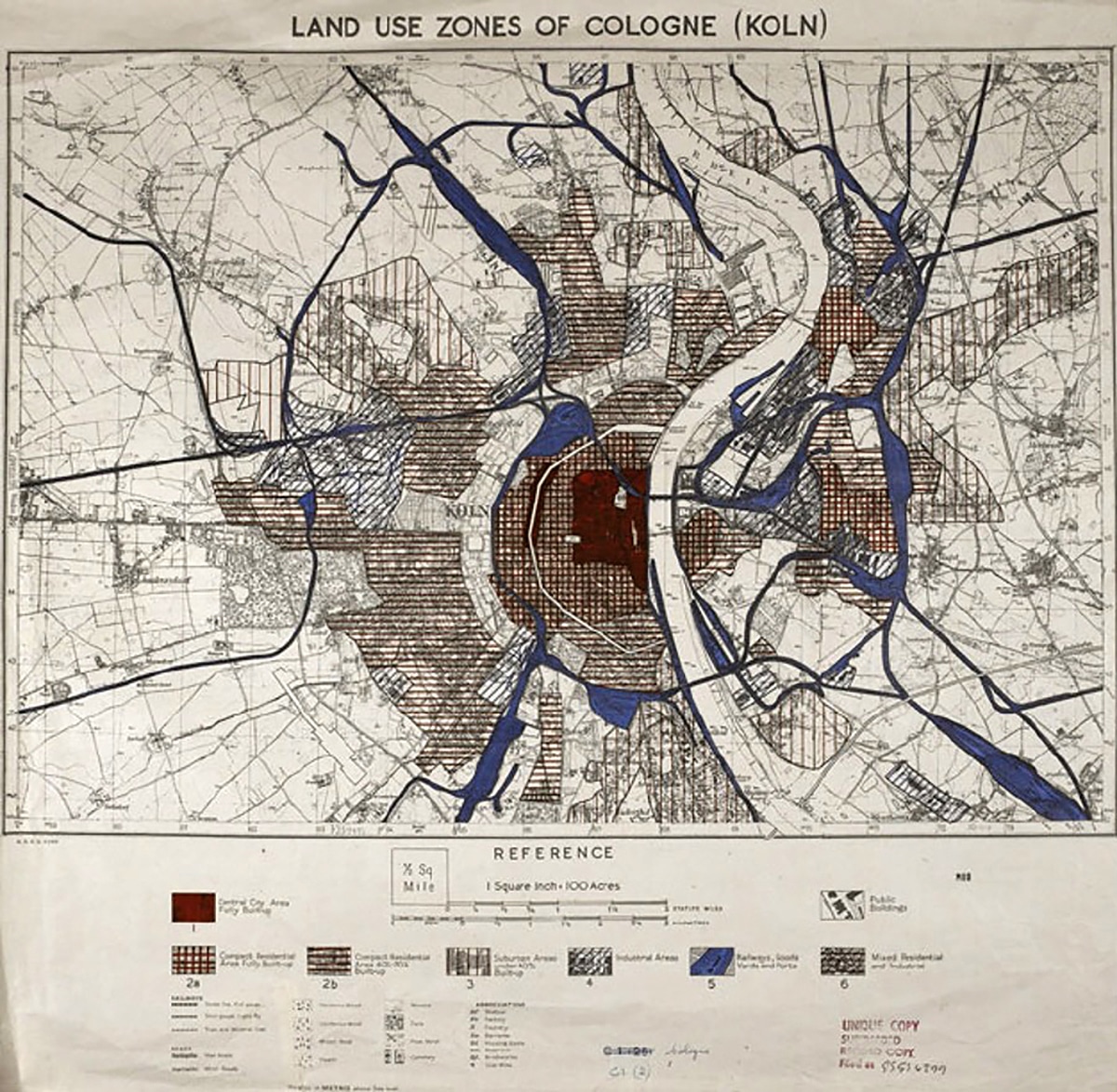 Royal Air Force zone map of Cologne from bombing raids between 1943-1944.