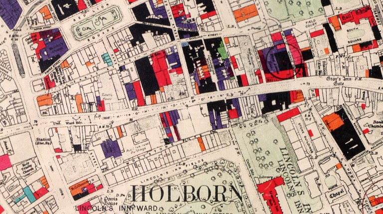 Bomb damage map for Holborn in Central London, the map shows damage inflicted on different buildings using a colour-coded index – which 1st Line Defence commonly use for UXO Risk Assessment research and analysis