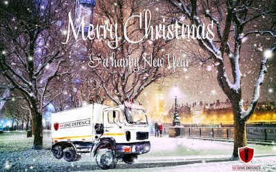 Snowy London scene of the Thames and a 1st Line Defence survey rig in the background.